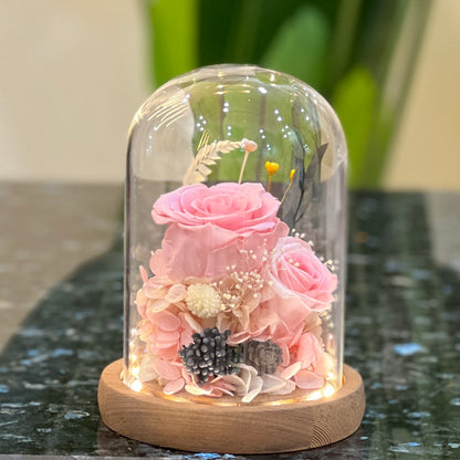 Pink forever flowers dome glowing under LED - preserved pink roses, hydrangea and gypsophila