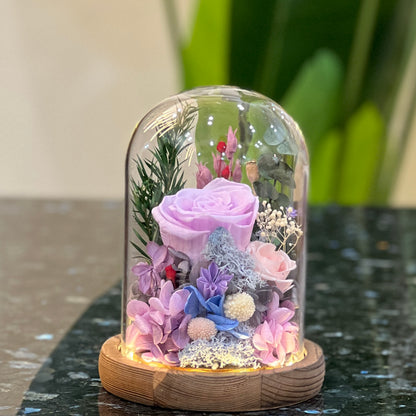 Purple forever flowers dome glowing under LED - preserved lavender rose, hydrangea and moss