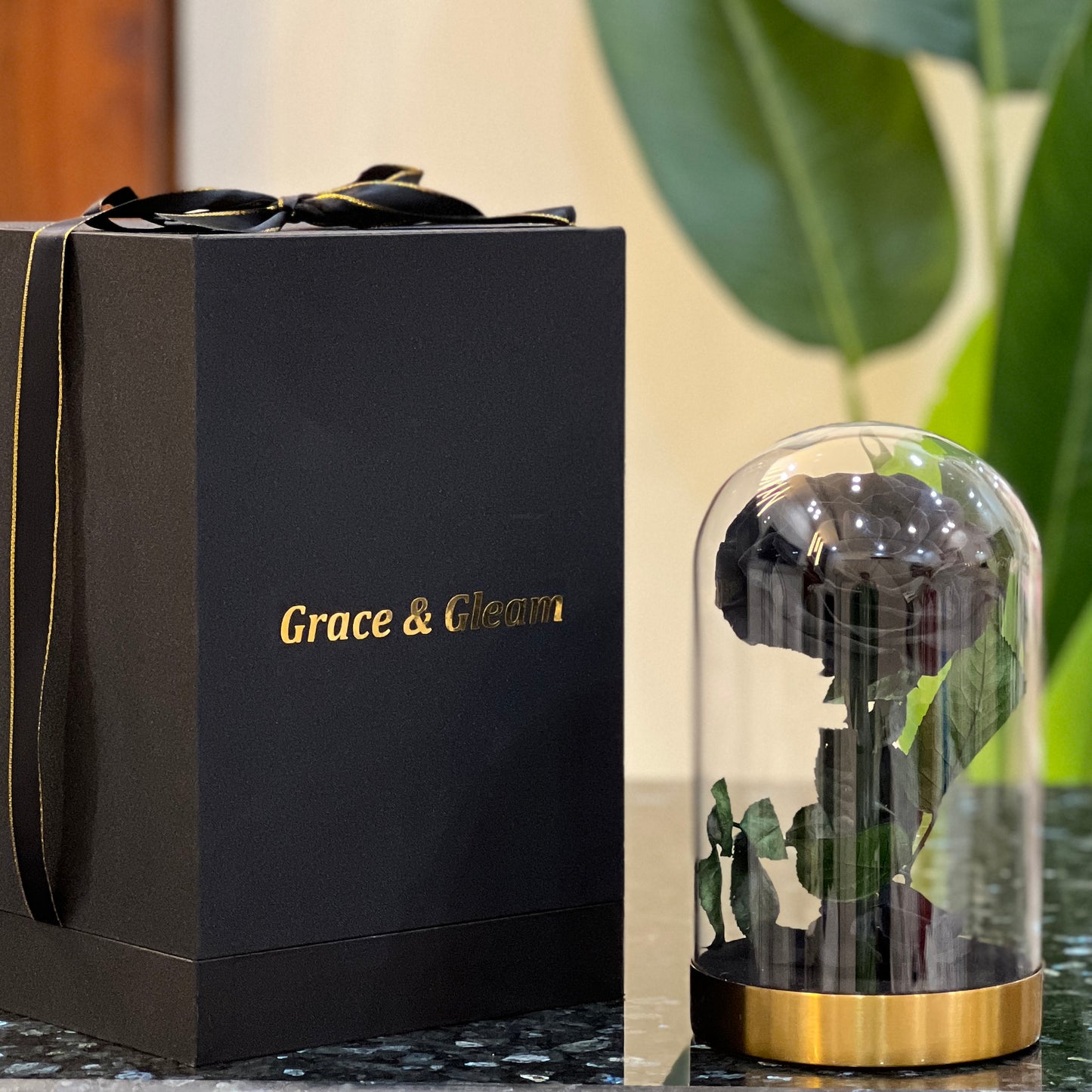 Black forever rose under a glass dome on a gold base with a Grace & Gleam gift box
