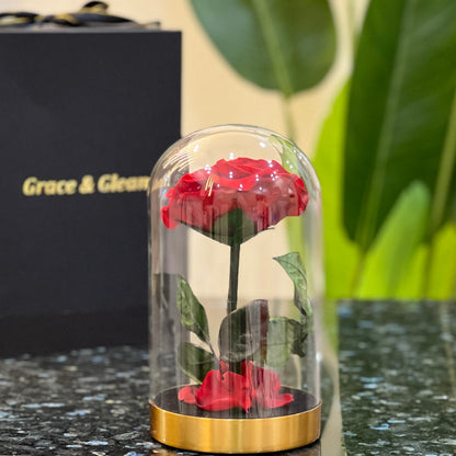 Back view of a preserved red rose in a glass dome on a gold base