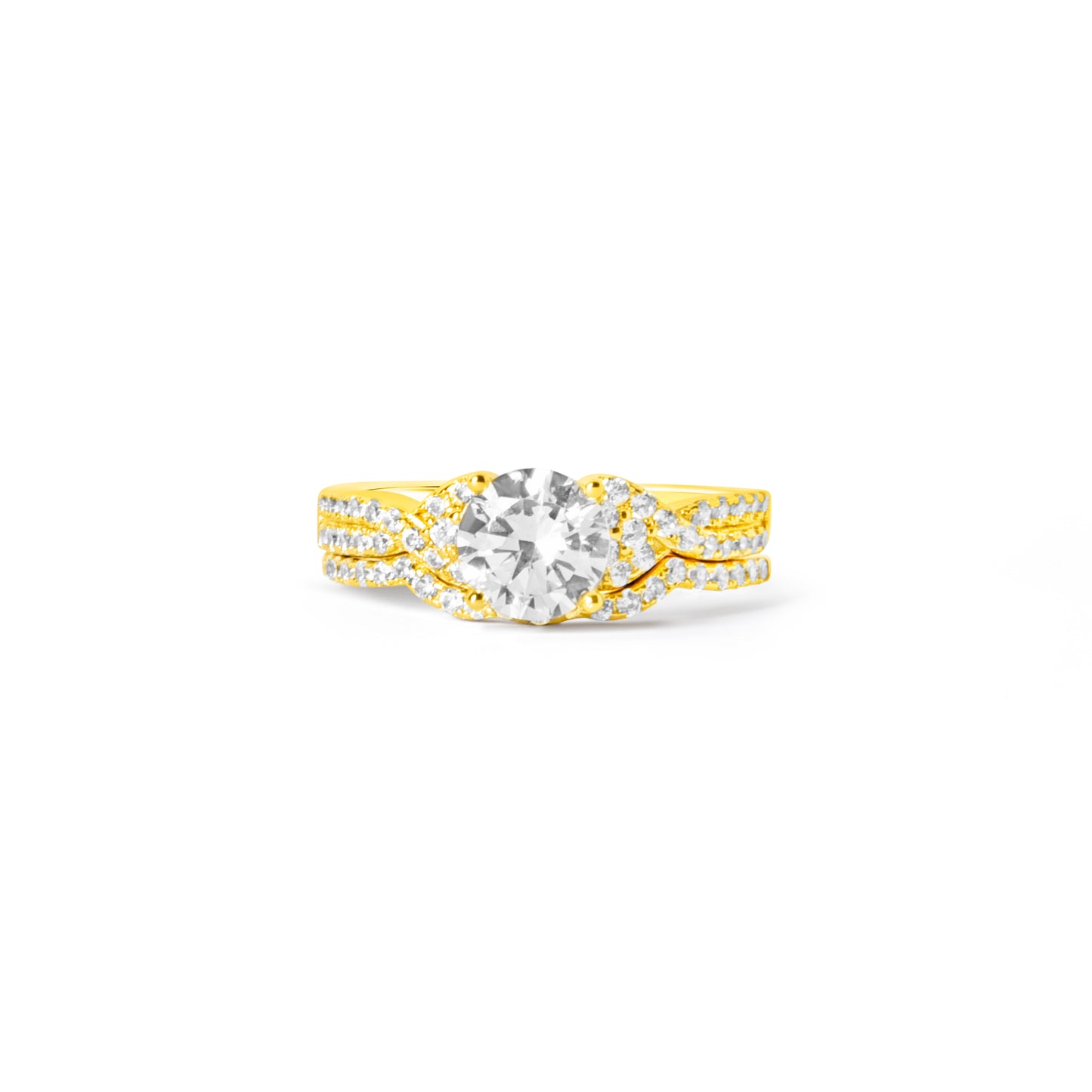 Front view of gold plated double band zircon ring with round center stone