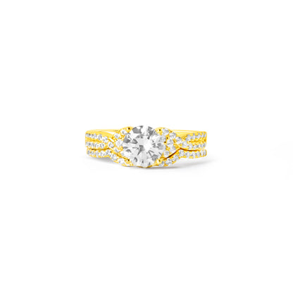 Front view of gold plated double band zircon ring with round center stone