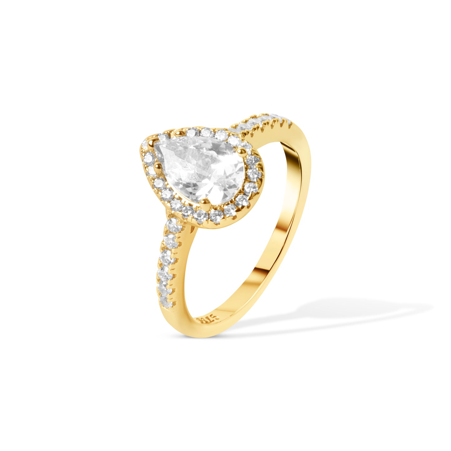 Side view of gold plated pear shaped zircon ring for women