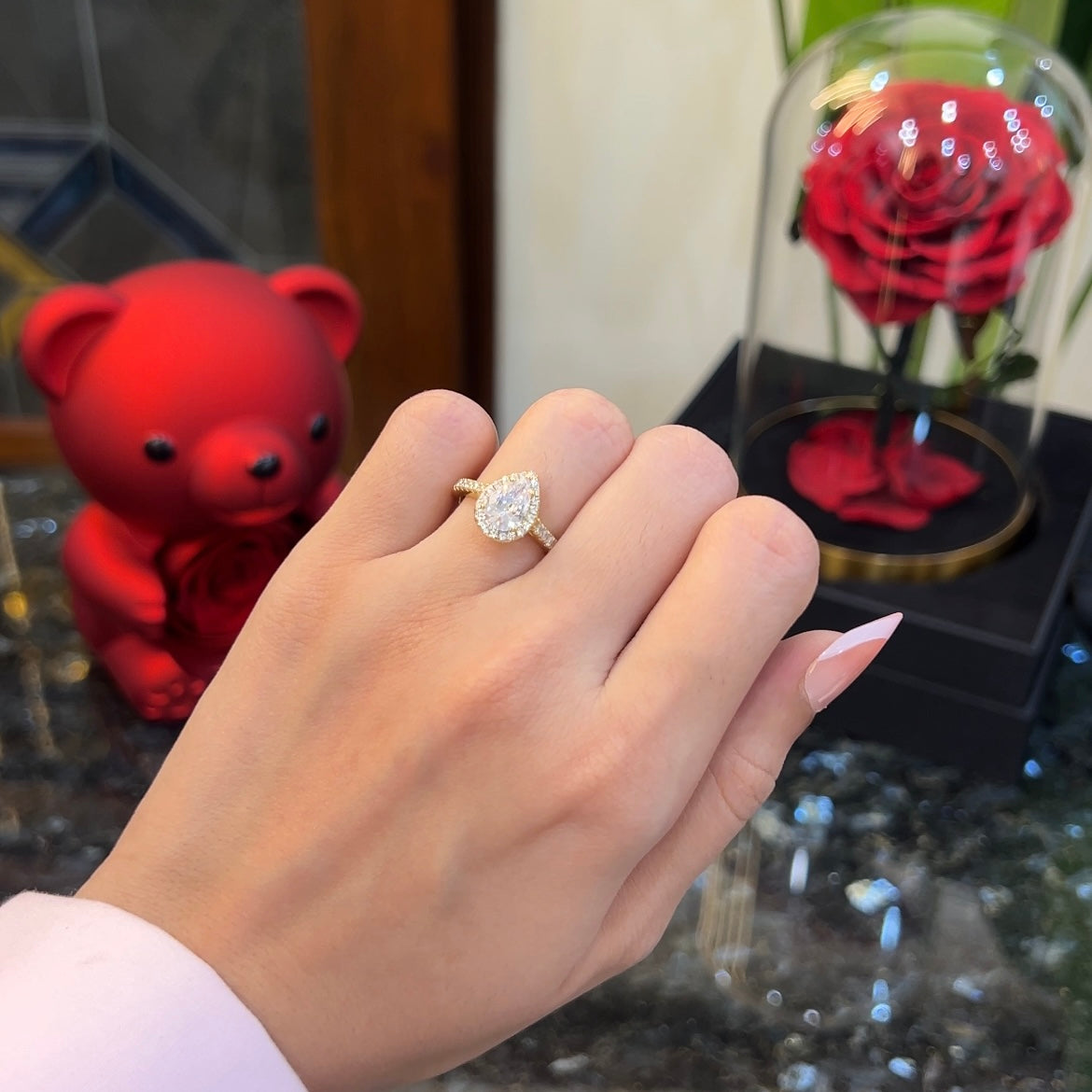Gold drop ring worn on hand, 18K gold plated 925 silver