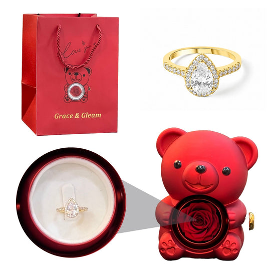 Gold drop ring gift set with red teddy bear rose box and Grace & Gleam gift bag Pakistan