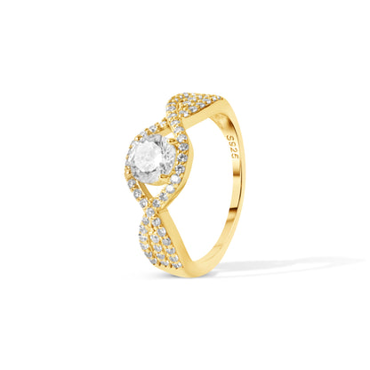 Side angle of 18KT gold plated infinity zircon ring for women