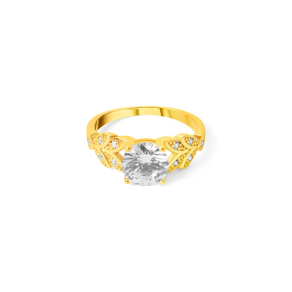 Elegant floral gold plated ring with white zircon centre stone