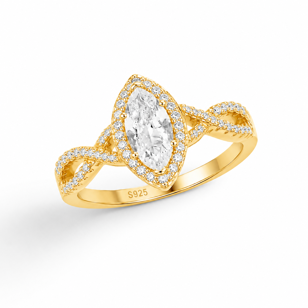 Side angle of marquise zircon halo engagement ring for women