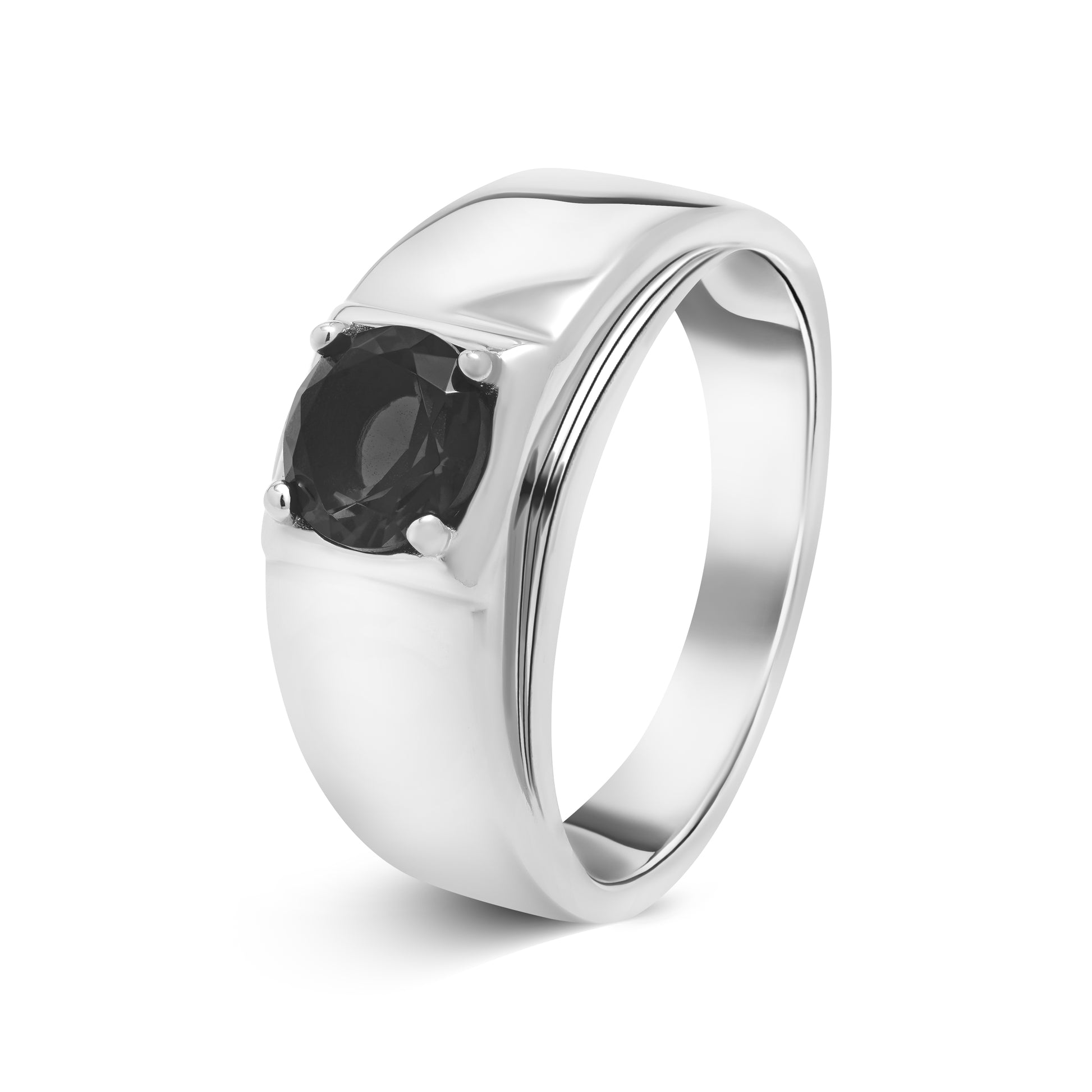 Angled view of The Apex men’s sterling silver ring with black zircon stone – power design