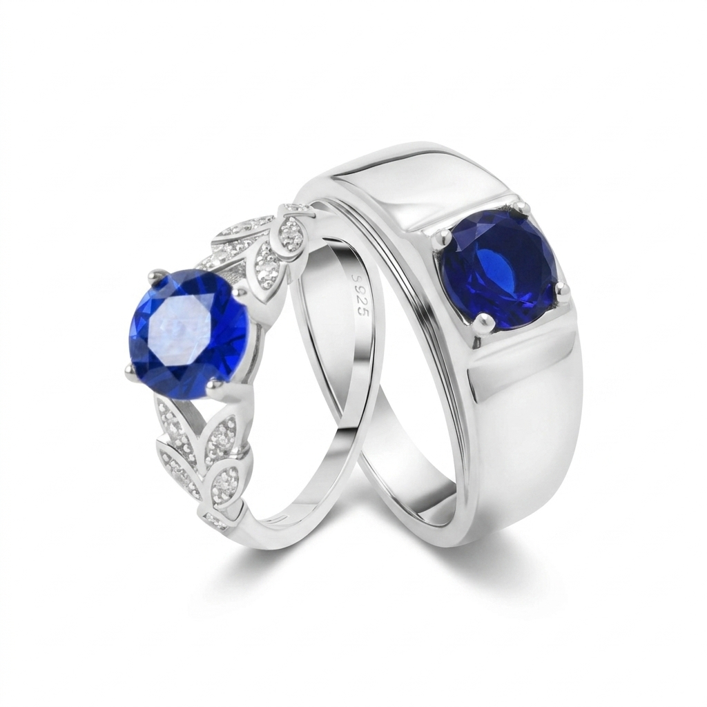 Midnight sapphire couple rings 925 silver blue stone matching set