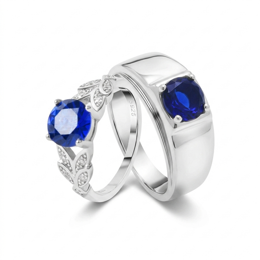 Midnight sapphire couple rings 925 silver blue stone matching set