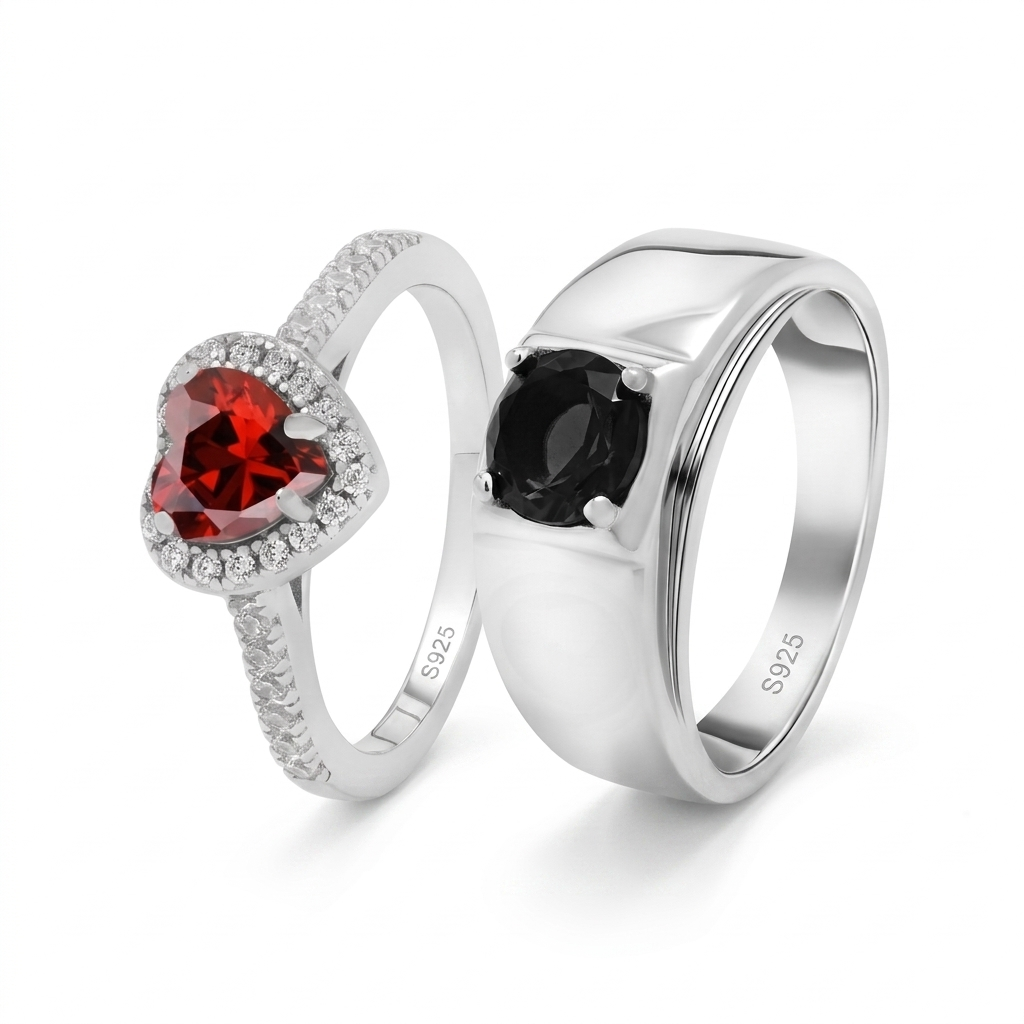 Noir heart silver couple rings with red heart stone for woman and black stone for men