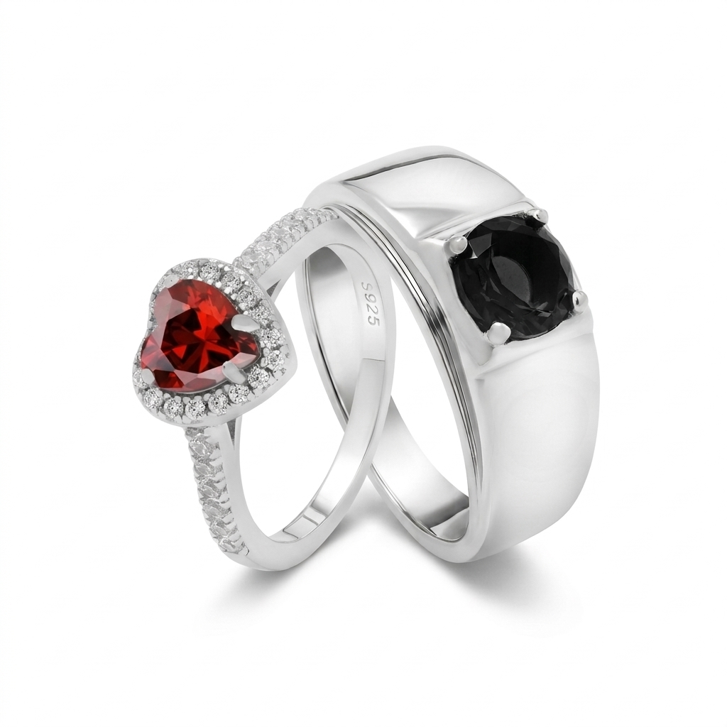 Noir heart couple rings with red and black zircon stones