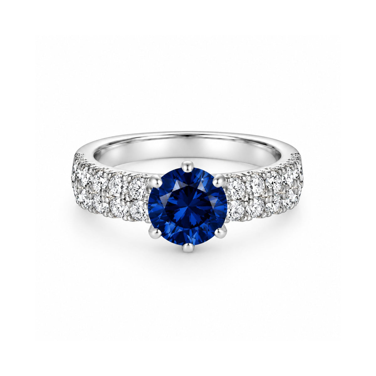 Ocean Blue Ring in 925 sterling silver — round sapphire-blue zircon with a double pavé band, front view