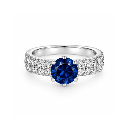 Ocean Blue Ring in 925 sterling silver — round sapphire-blue zircon with a double pavé band, front view