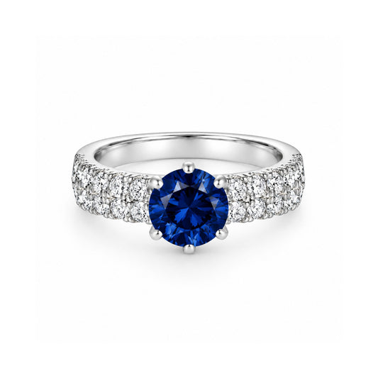 Ocean Blue Ring in 925 sterling silver — round sapphire-blue zircon with a double pavé band, front view