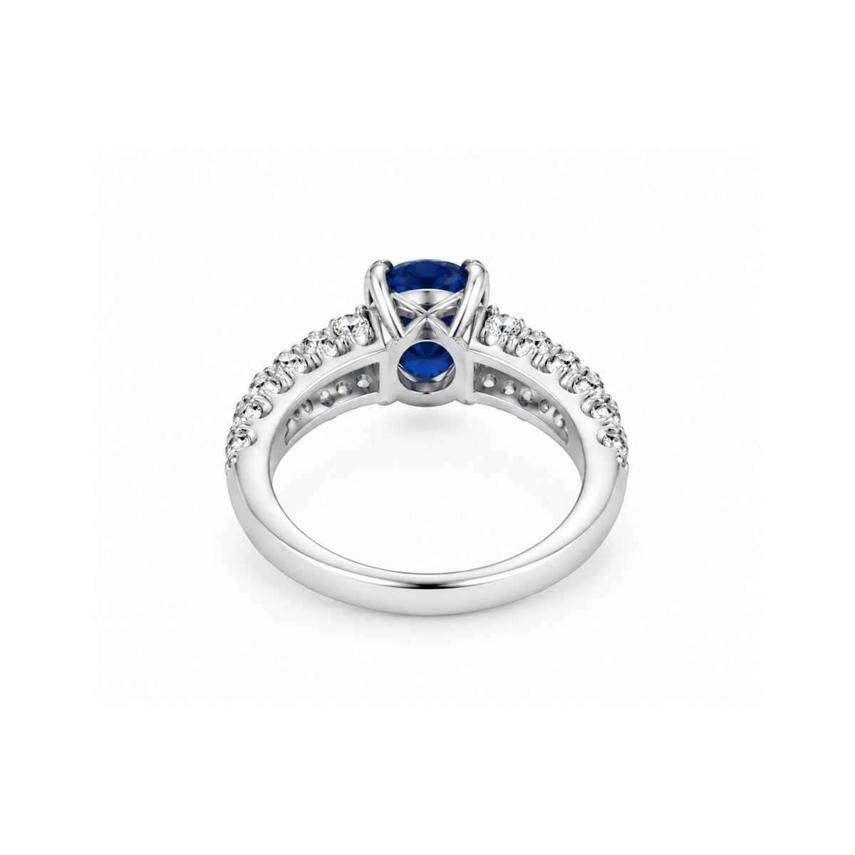 Ocean Blue Ring back view showing the six-prong setting and pavé gallery in 925 sterling silver