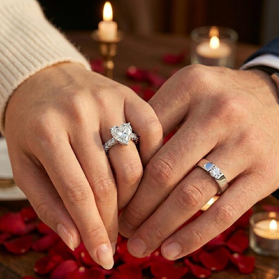 Couple hands wearing One Love silver couple rings with heart ring for women and matching band for men