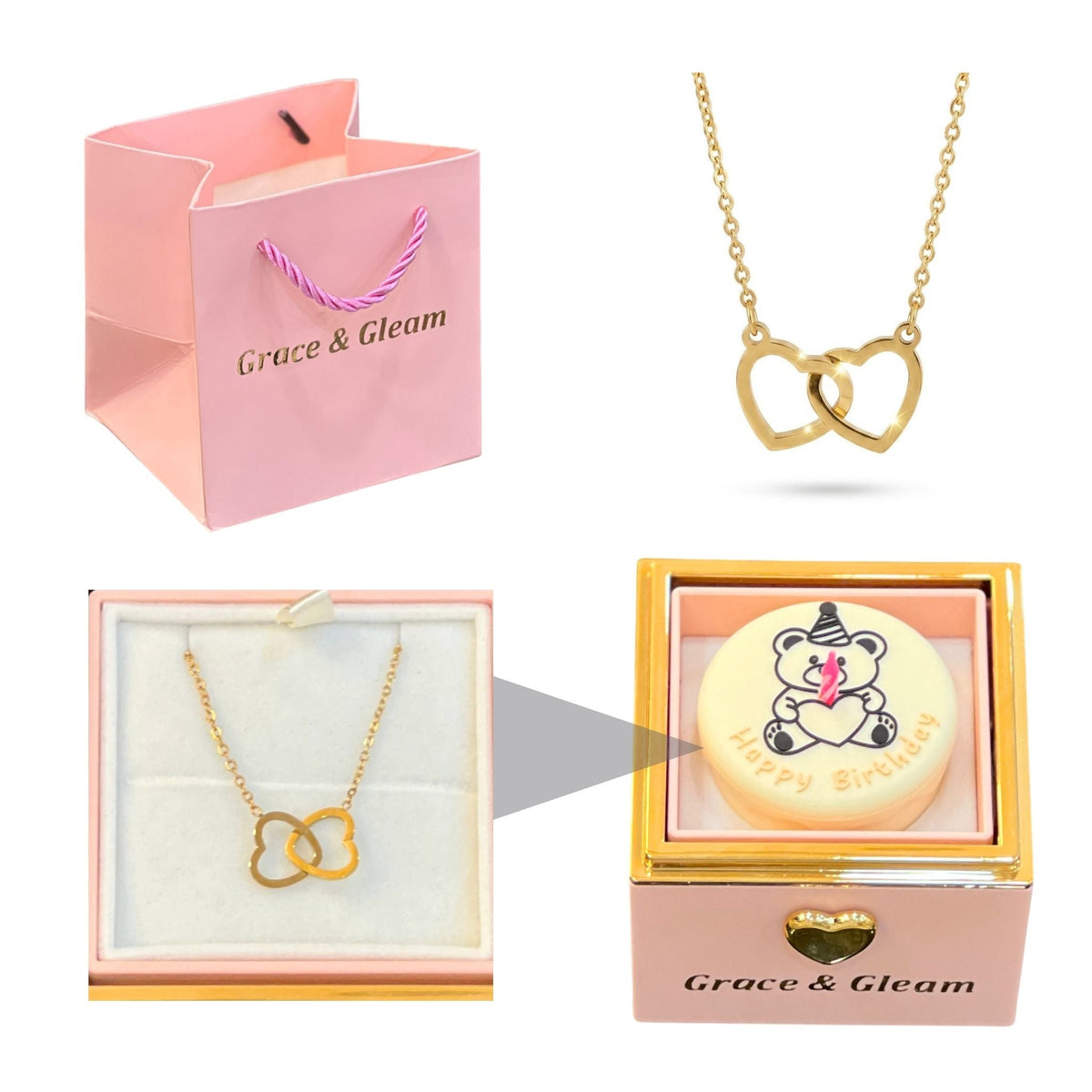 Pink candle-lit birthday cake gift box with double heart necklace and Grace & Gleam gift bag Pakistan