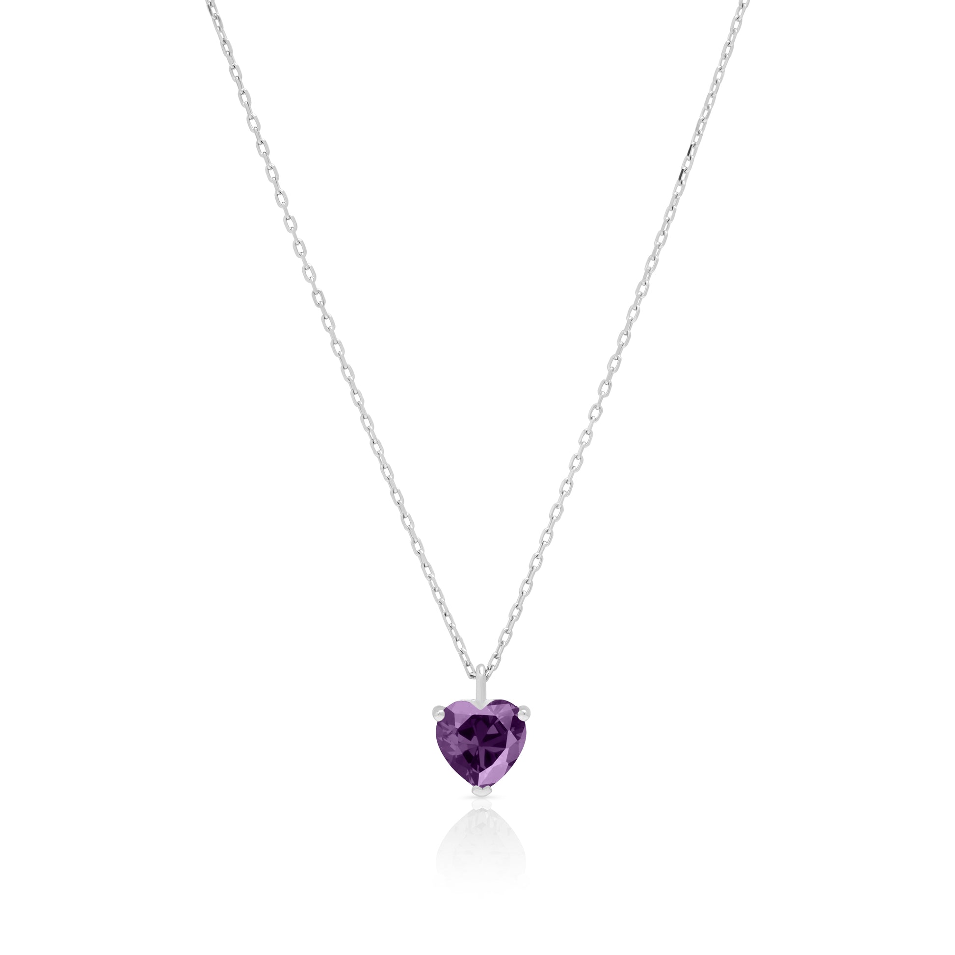 Amethyst-coloured heart cubic zirconia silver pendant, close-up