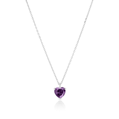 Amethyst-coloured heart cubic zirconia silver pendant, close-up