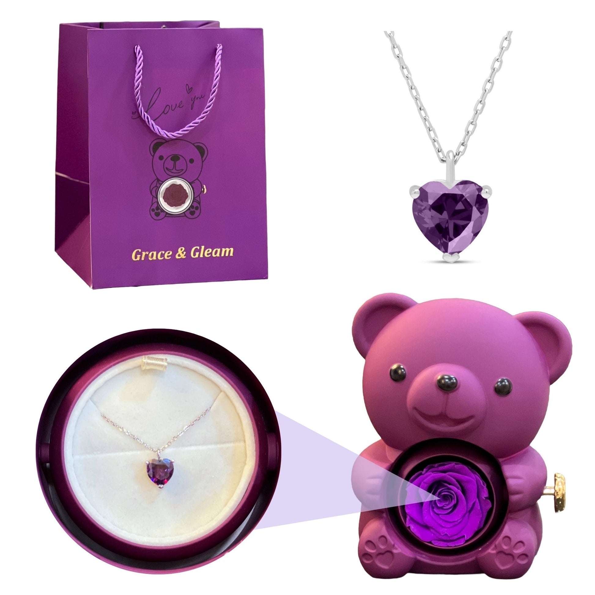 Purple heart pendant gift set with purple teddy bear rose box and Grace & Gleam gift bag Pakistan