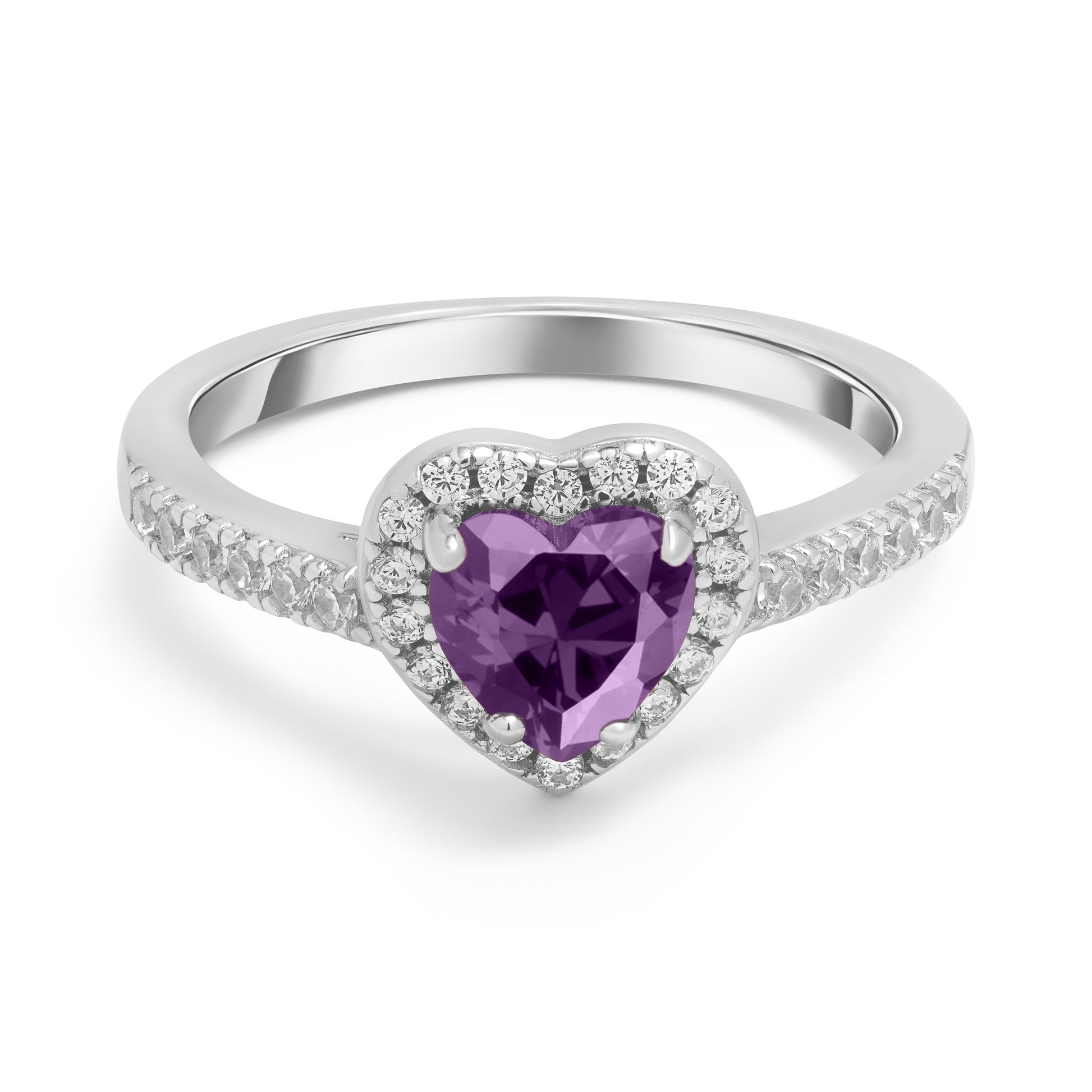 Purple heart ring with pavé band, front view
