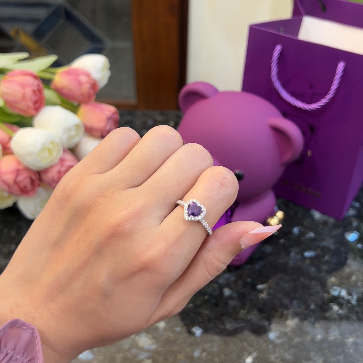 Purple heart ring worn on hand, 925 sterling silver