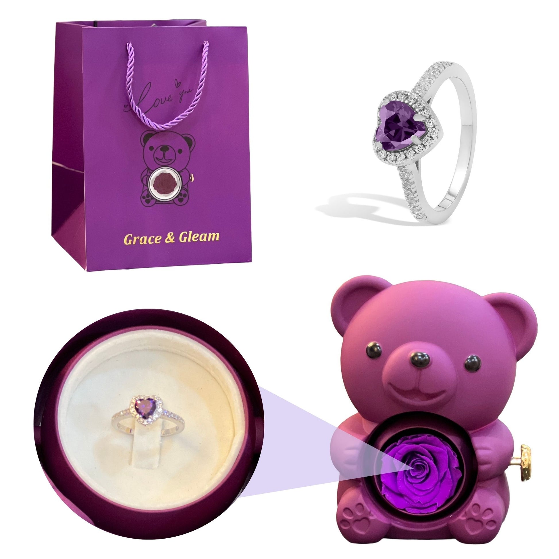 Purple heart ring gift set with purple teddy bear rose box and Grace & Gleam gift bag Pakistan