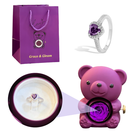 Purple heart ring gift set with purple teddy bear rose box and Grace & Gleam gift bag Pakistan