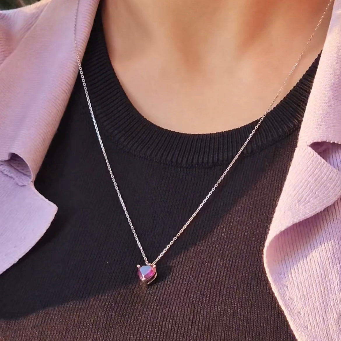 Purple heart pendant worn by model, 925 sterling silver