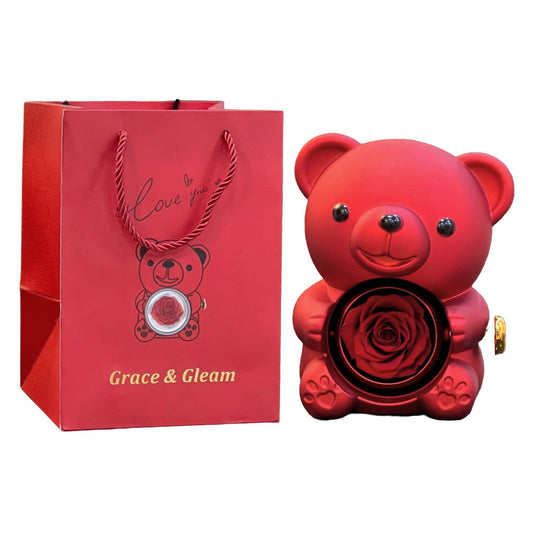 Red teddy bear ring box with preserved red forever rose by Grace & Gleam