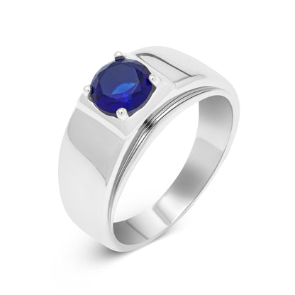 Top angle of The Sapphire sterling silver ring showing round blue zircon center stone