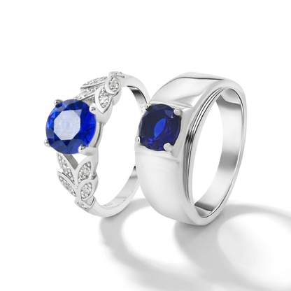 Silver couple rings with blue zircon stones for men and women