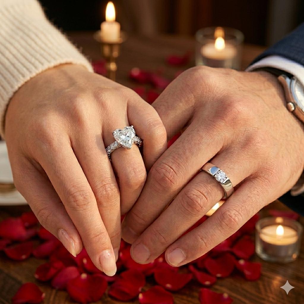 Closeup of couple wearing silver couple rings from Grace & Gleam