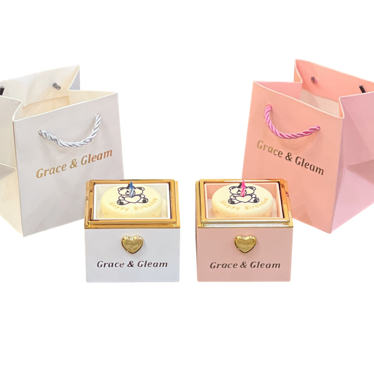 Surprise birthday gift box in white and pink with matching Grace & Gleam gift bags
