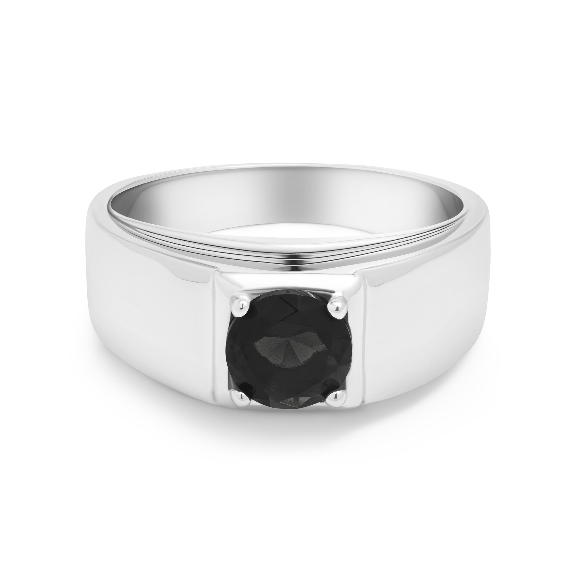 Front view of The Apex men’s silver ring with black round zircon stone – Grace & Gleam