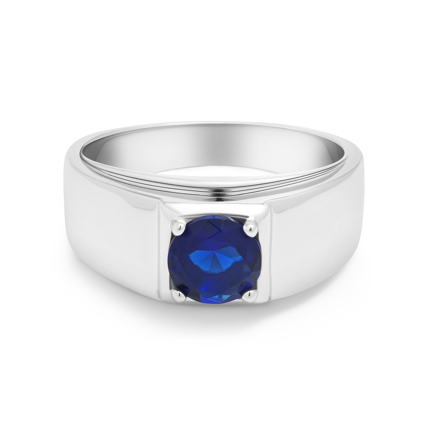 Front view of The Sapphire men’s sterling silver ring with round blue zircon stone
